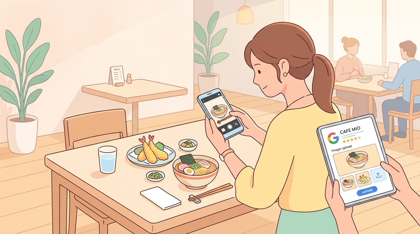 飲食店の料理写真をスマートフォンで撮影し、Googleビジネスプロフィールにアップロードしているイメージ