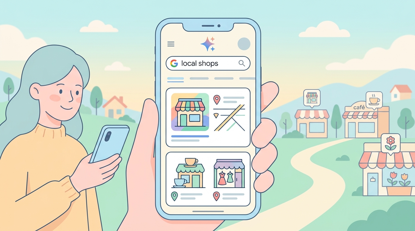 スマートフォンでGeminiのAI検索結果に地元の店舗情報が表示されているイメージ
