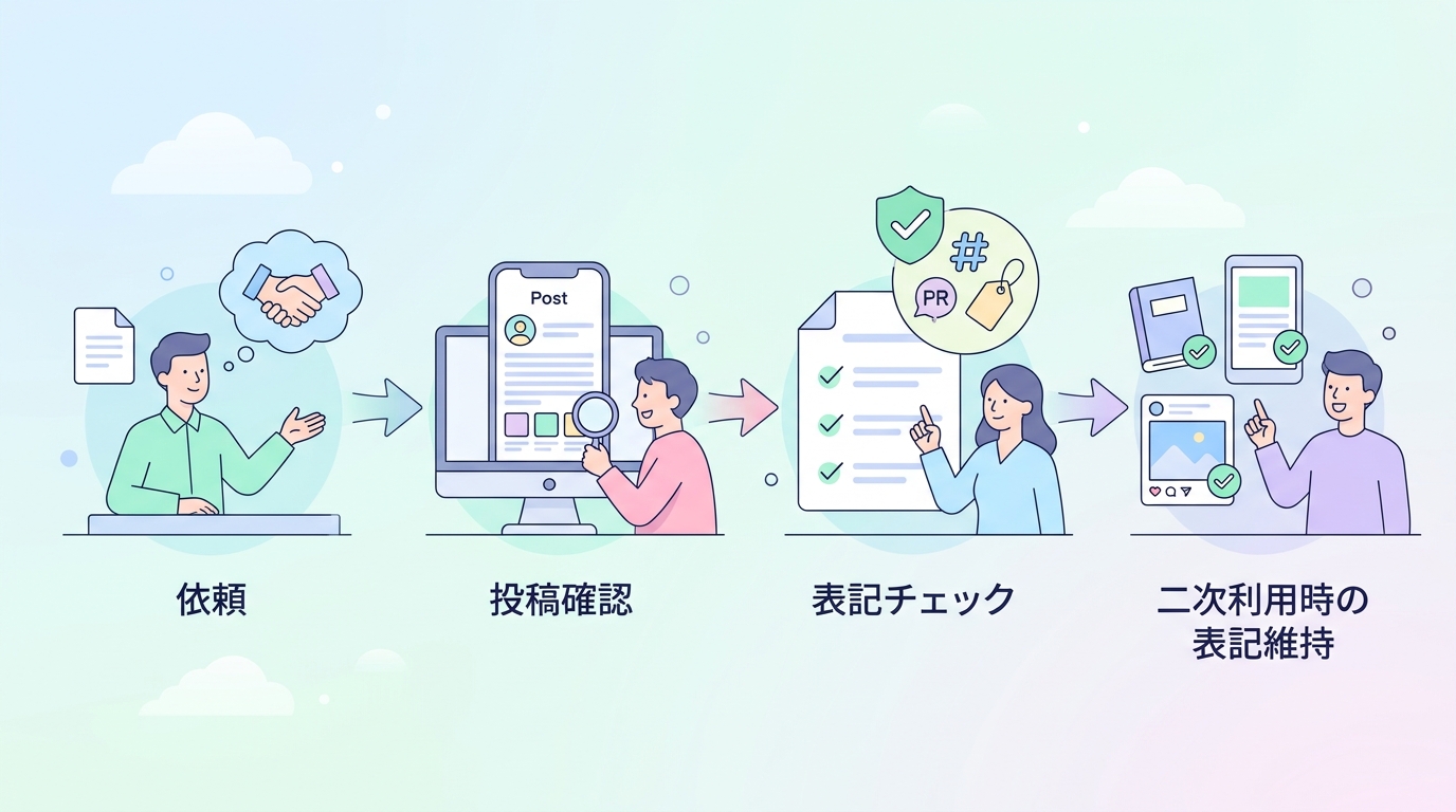ステマ規制対応のフローチャート（依頼→投稿確認→表記チェック→二次利用時の表記維持）