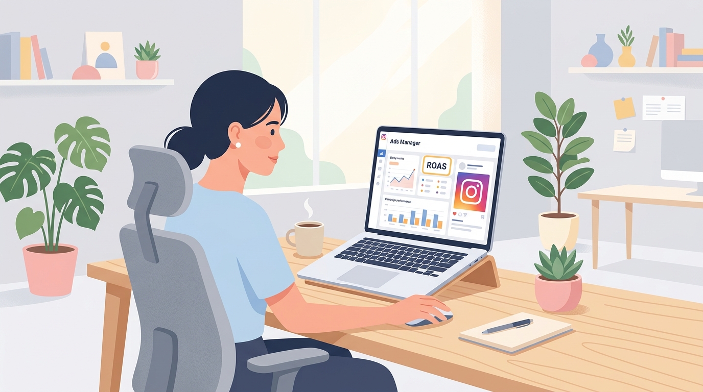 Instagram広告管理画面でROAS指標を確認しているマーケティング担当者のデスク風景