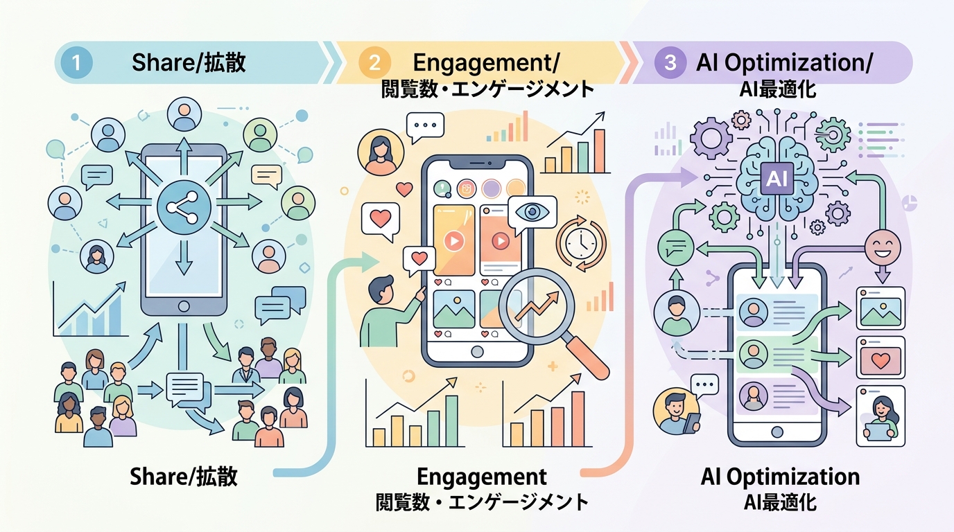 2026年のInstagramアルゴリズム変化を示すインフォグラフィック（シェア・閲覧数・AI最適化の3要素）