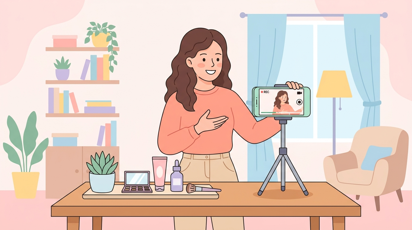 スマートフォンで商品レビュー動画を撮影しているインフルエンサーの様子