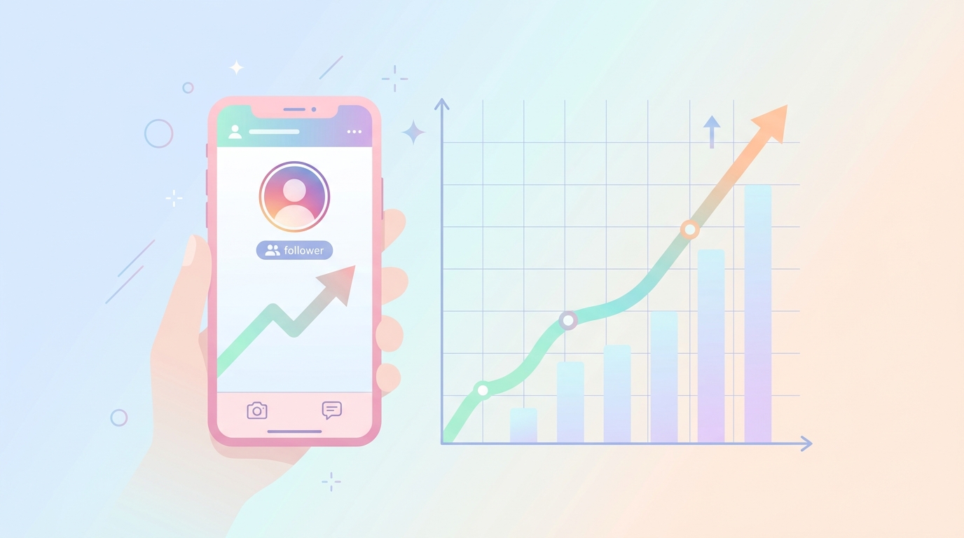 Instagramのフォロワー数が右肩上がりに伸びるグラフとスマートフォンのイメージ