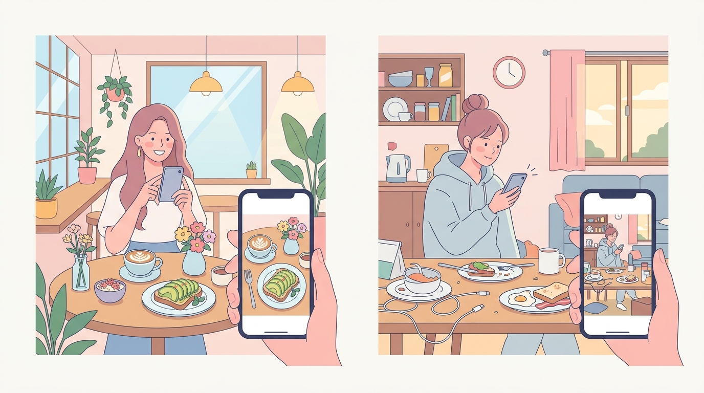 「映え」写真とスマホで撮ったリアルな日常写真を比較するビジュアル