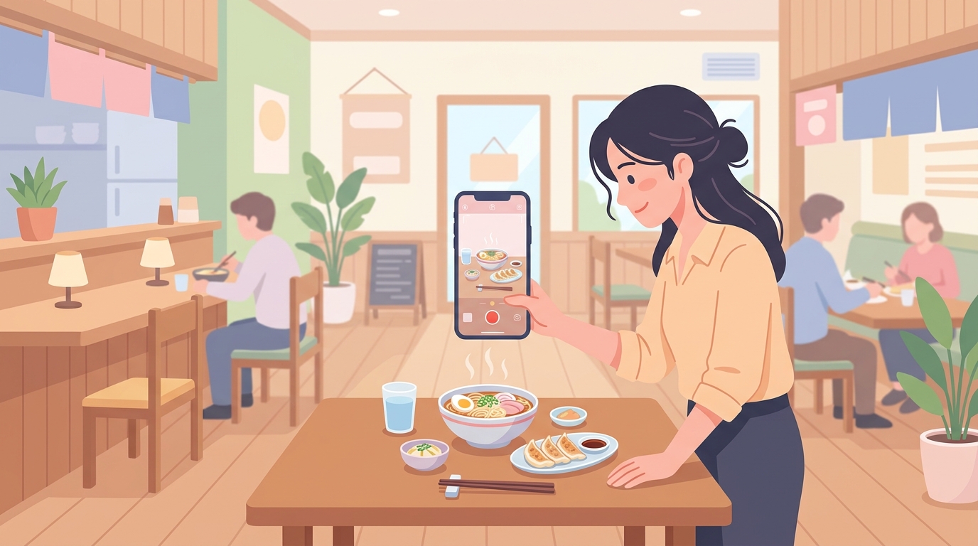 飲食店がスマートフォンでリール撮影をしている様子