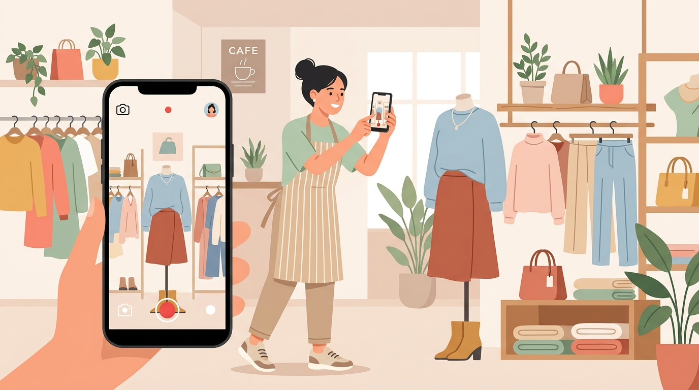 スマートフォンでInstagramリールを撮影している店舗スタッフのイメージ
