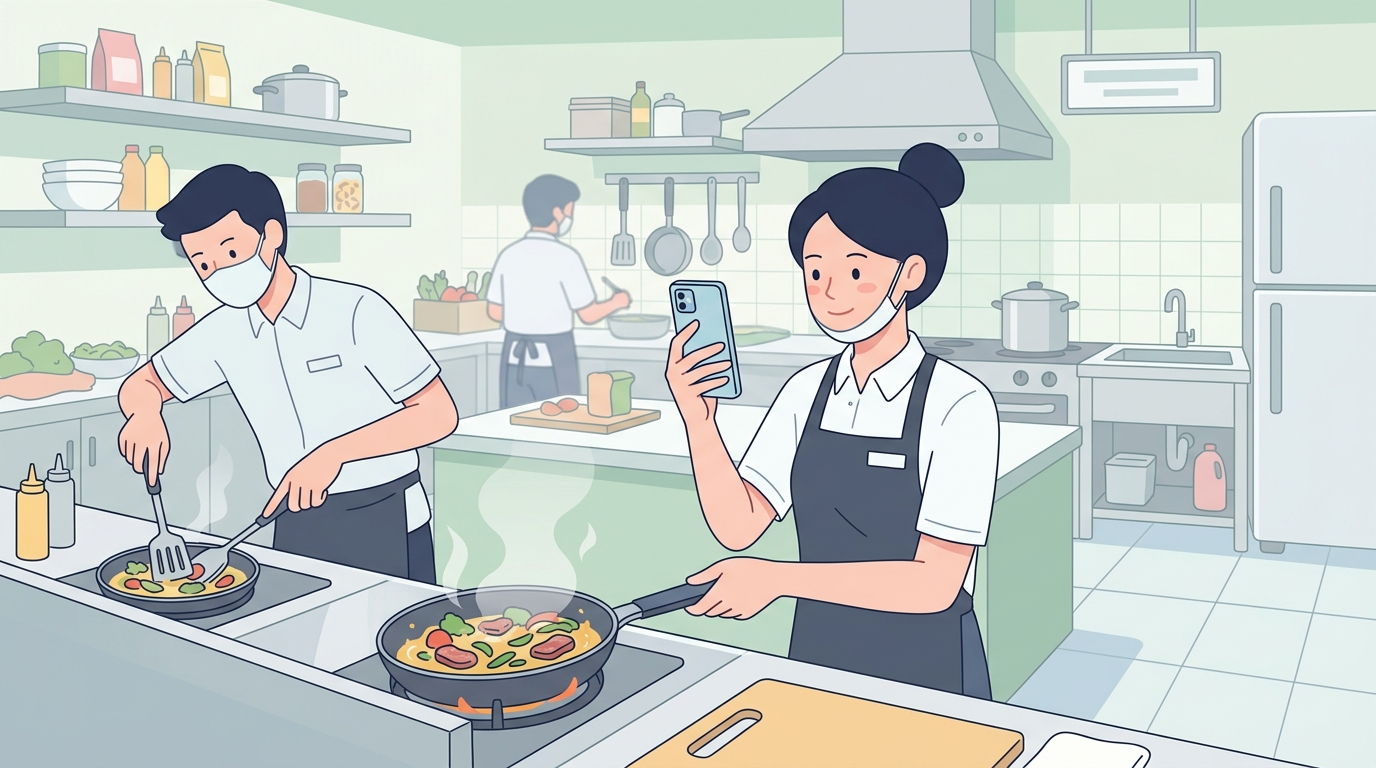 飲食店の厨房でスマートフォンを使ってリール撮影をしているスタッフの様子