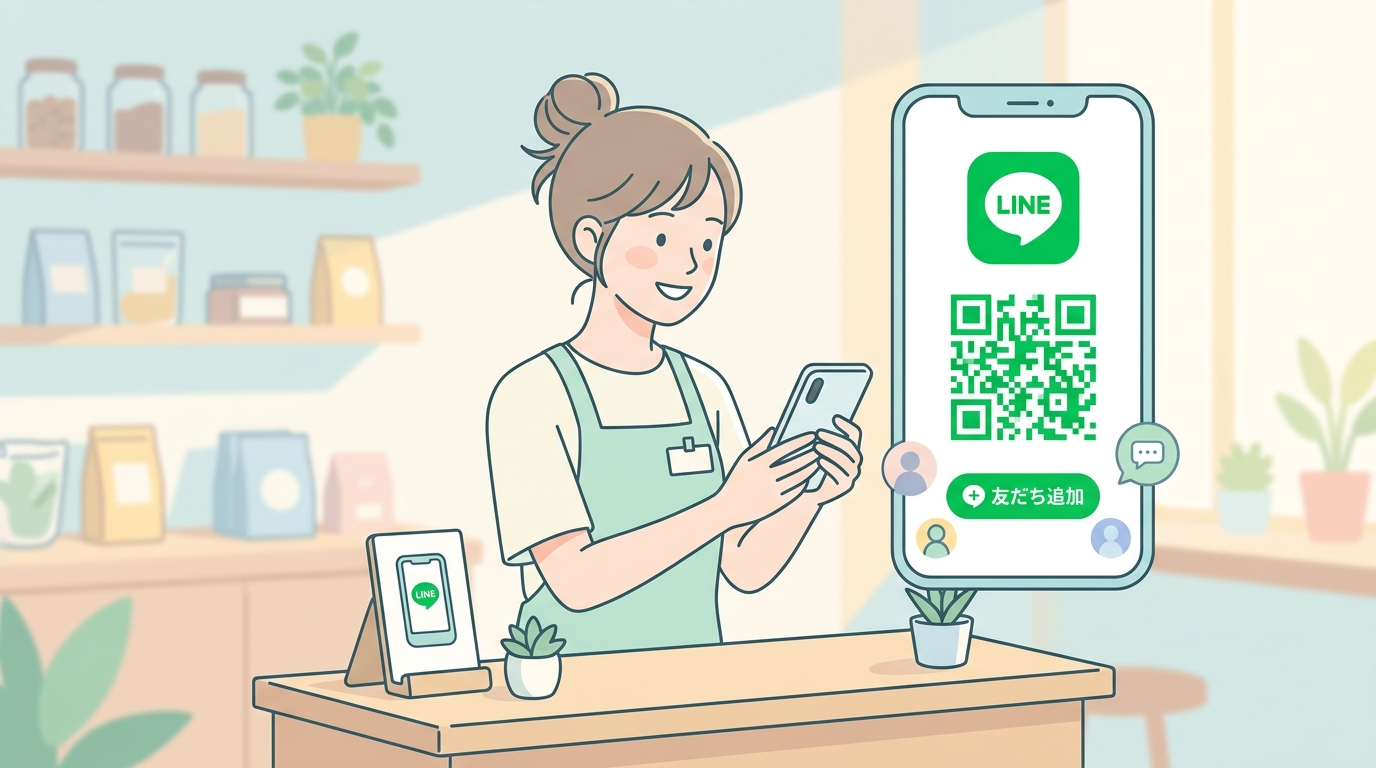 LINE公式アカウントの友だち追加画面とスマートフォンを操作する店舗スタッフのイメージ