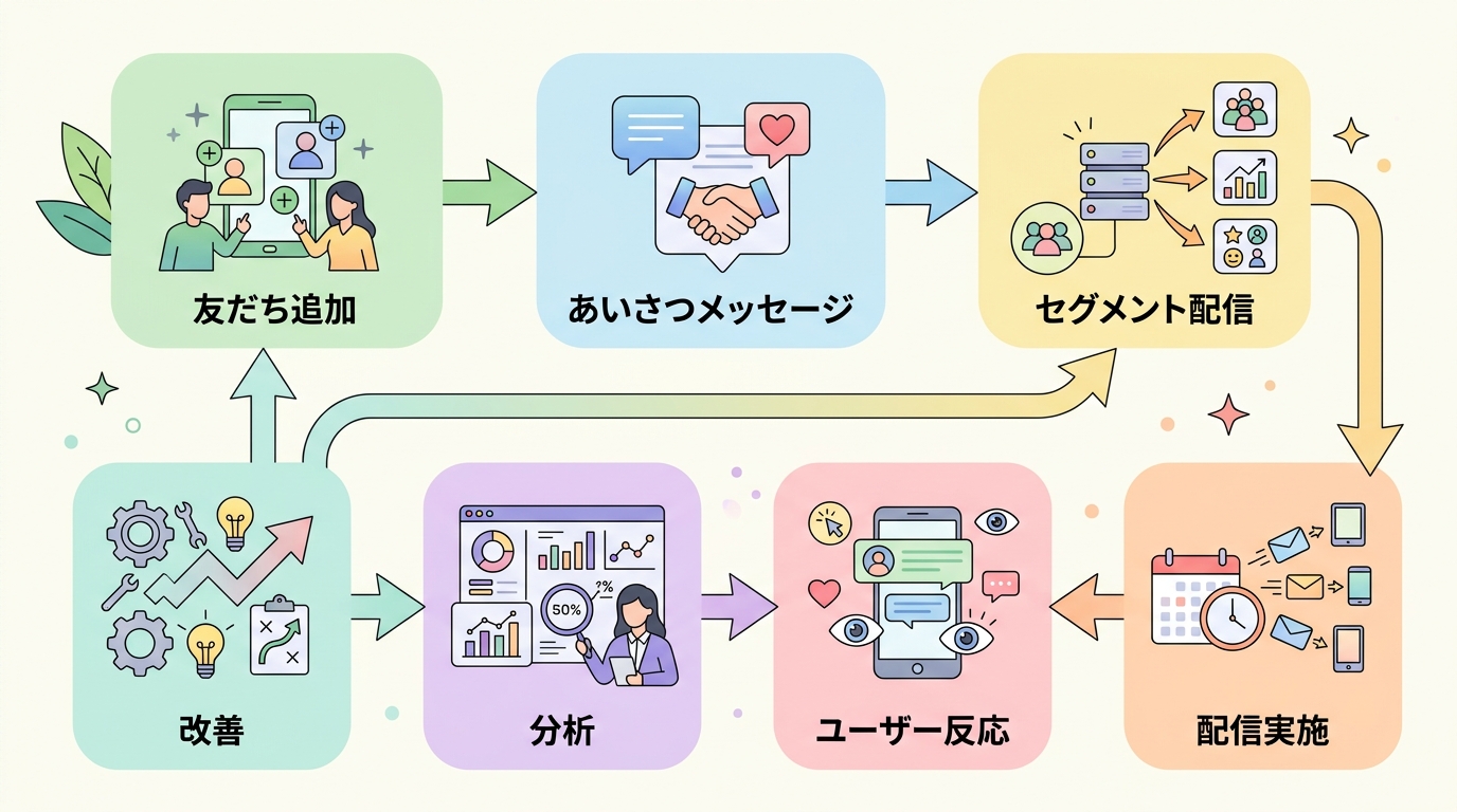 7つのステップを示したフローチャート図（友だち追加→あいさつメッセージ→セグメント配信→分析改善のサイクル）