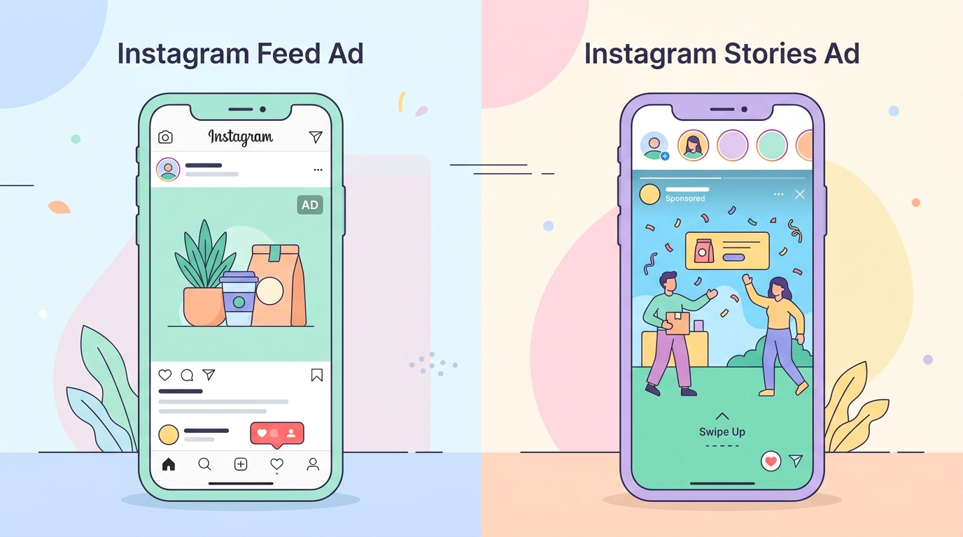 Instagram広告のフィード配信とストーリーズ配信の比較イメージ