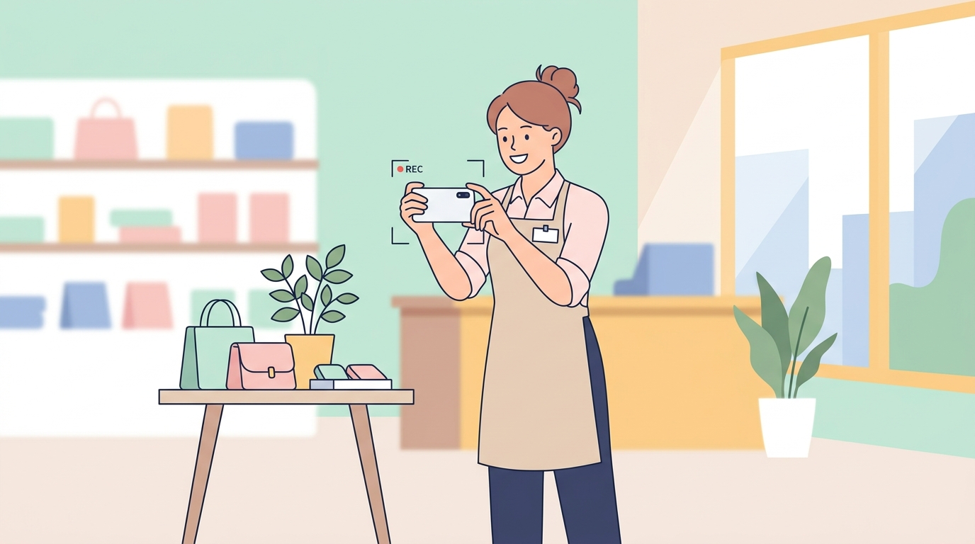 スマートフォンでショート動画を撮影している店舗スタッフのイメージ