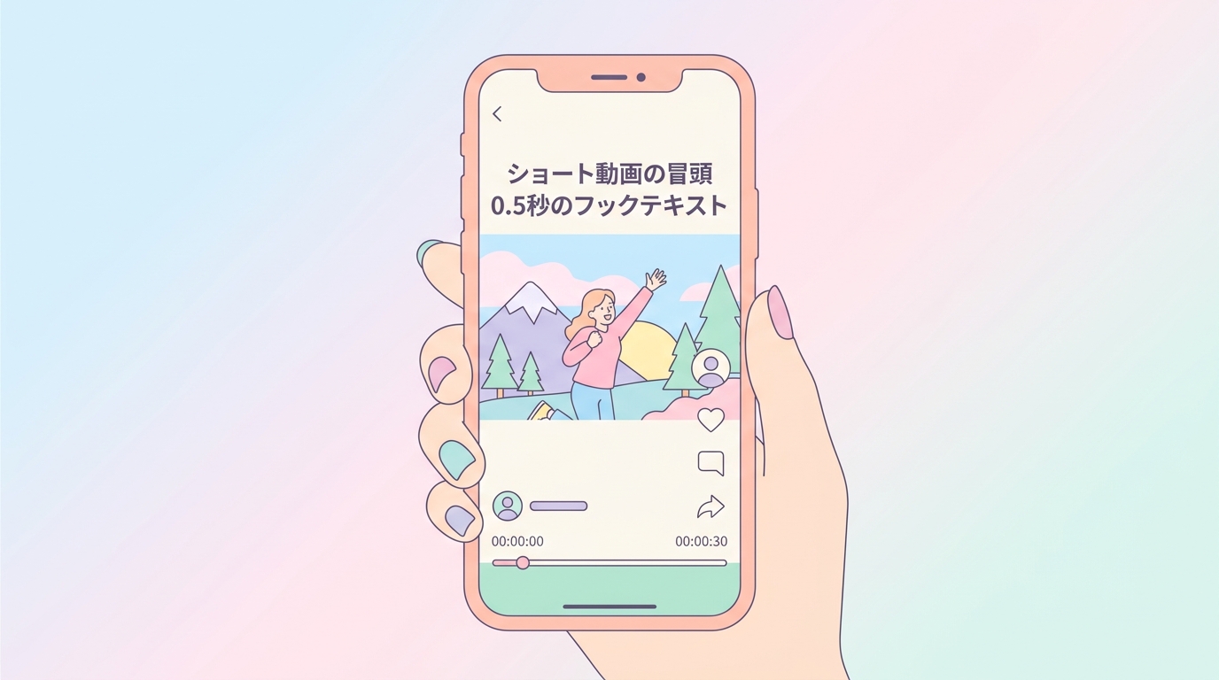 スマートフォン画面にショート動画の冒頭0.5秒のフックテキストが表示されている様子