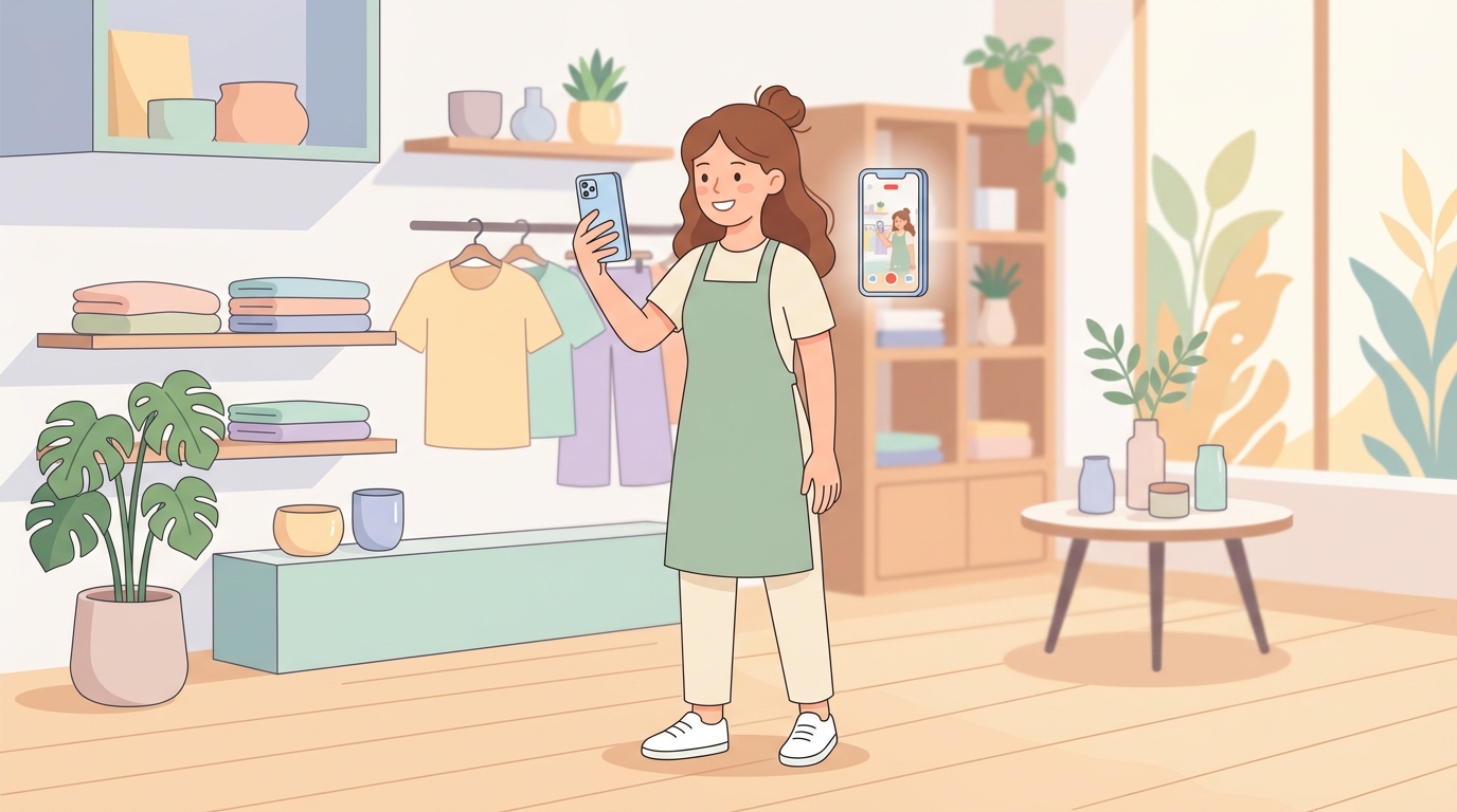 スマートフォンで縦型ショート動画を撮影している店舗スタッフのイメージ
