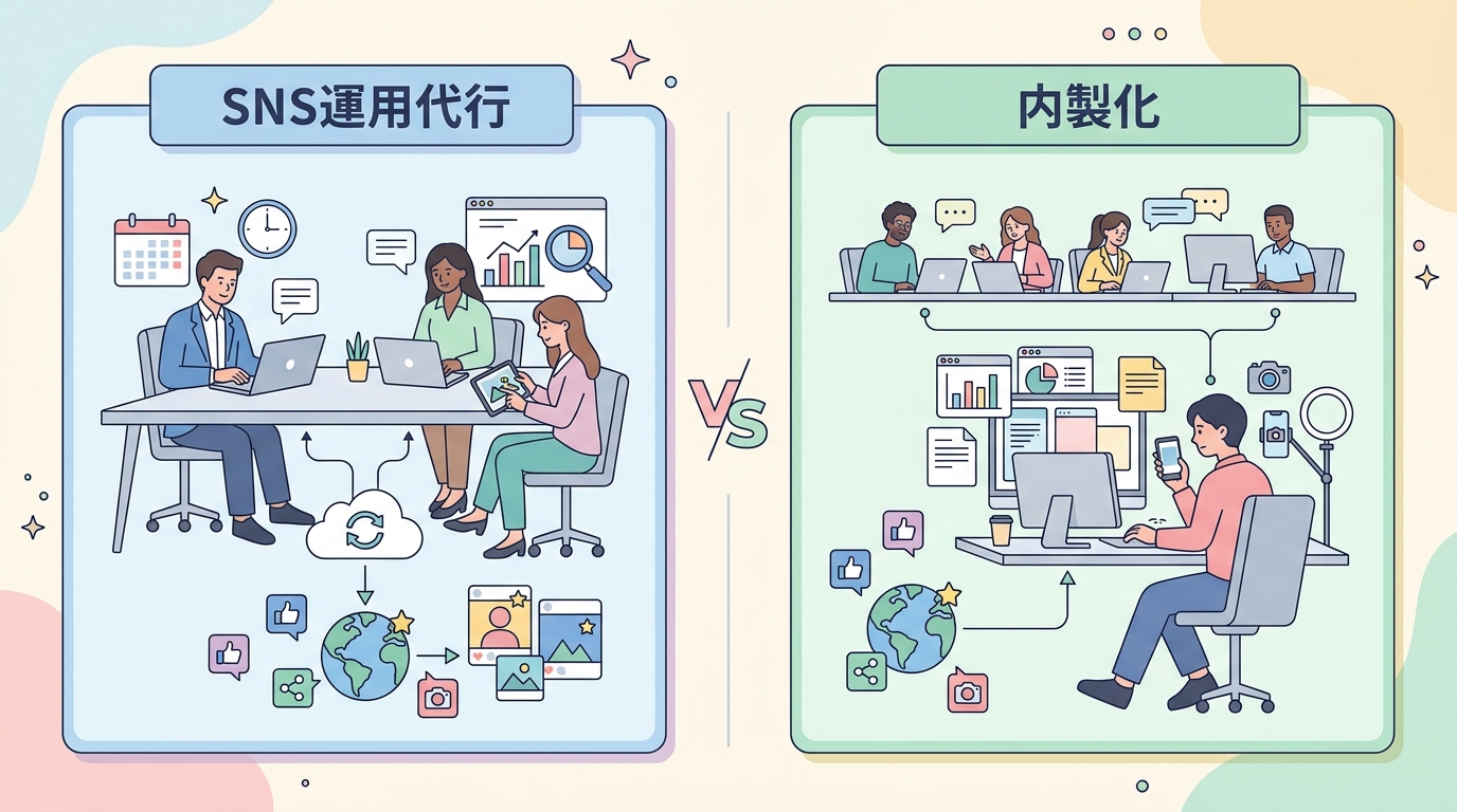 SNS運用代行と内製化の比較イメージ図。外注チームと社内担当者がそれぞれSNS投稿を行っている様子