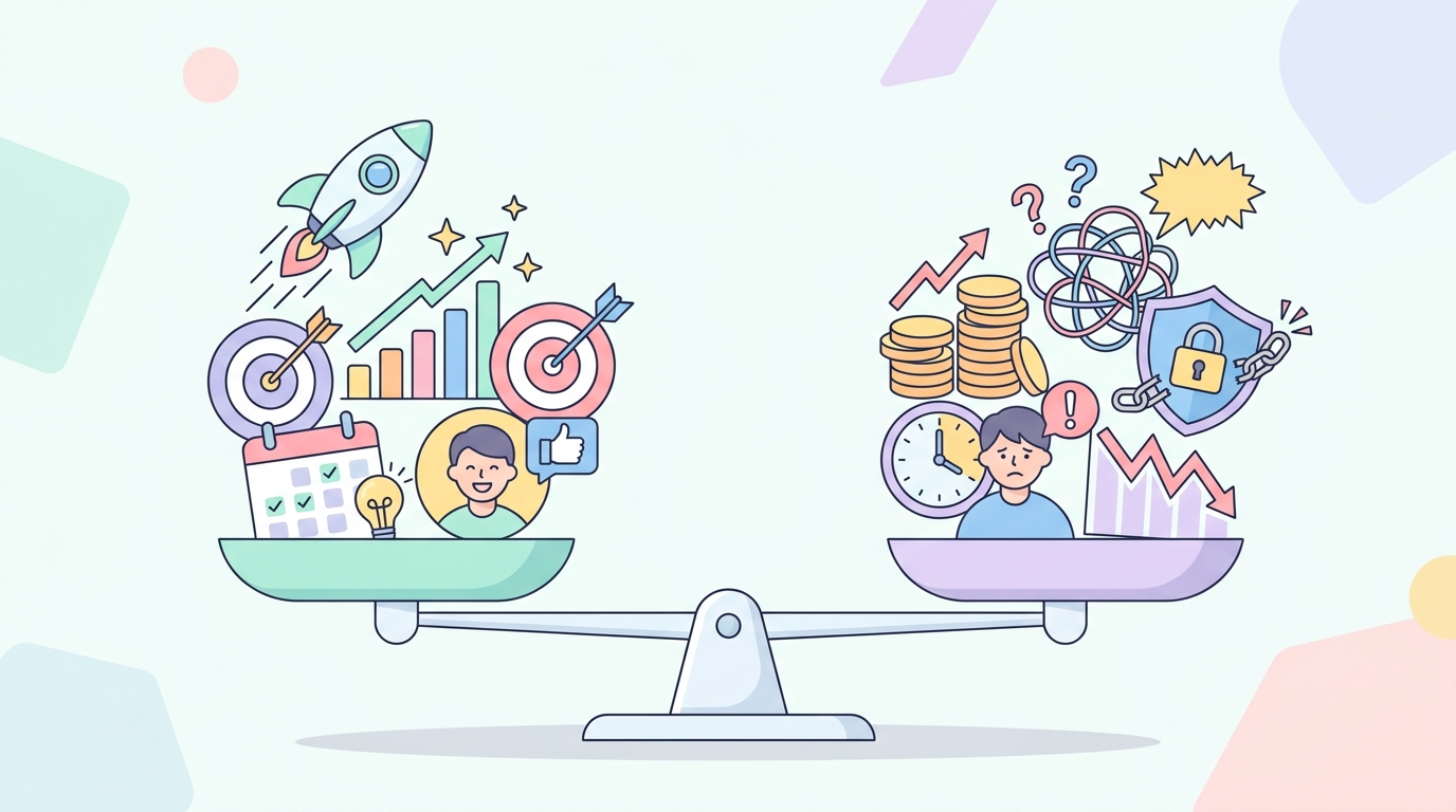 SNS運用代行のメリットとデメリットを天秤で比較したイラスト