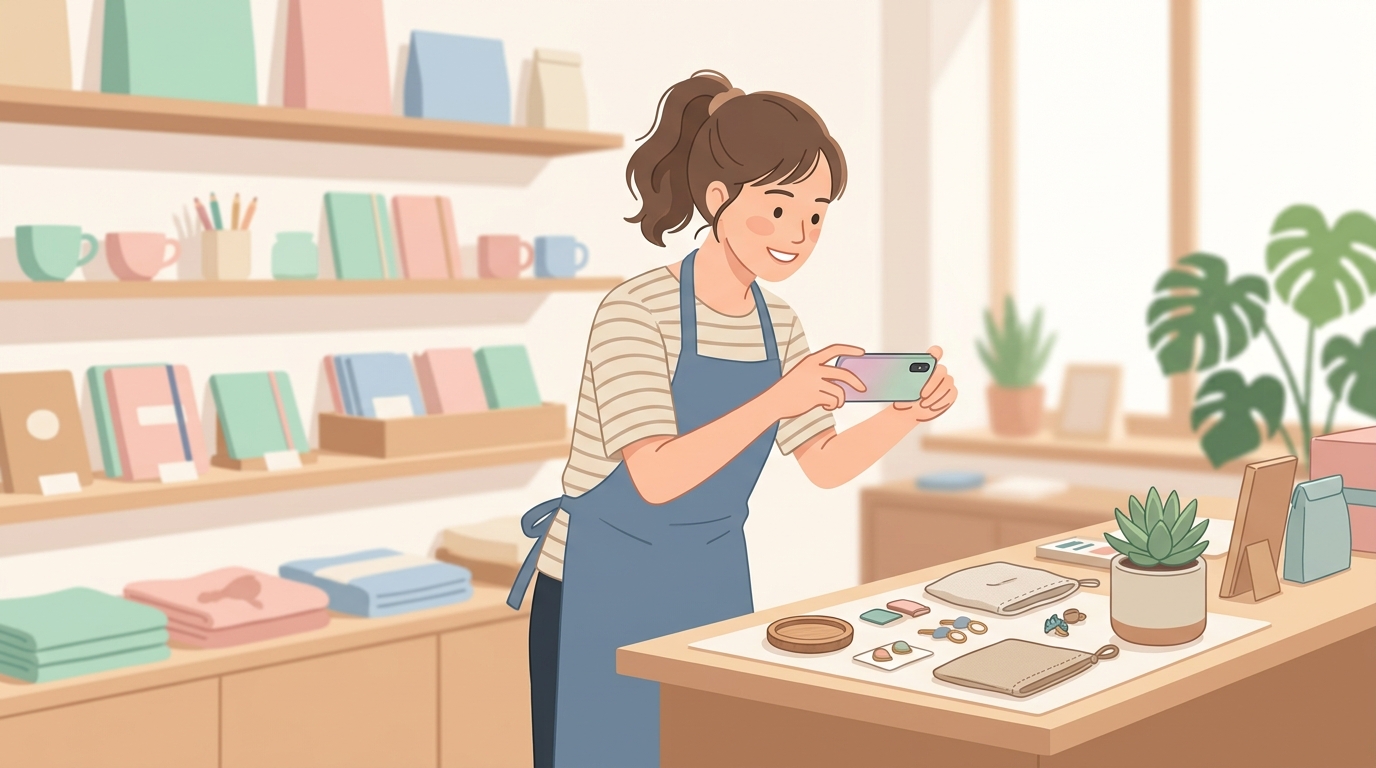 中小企業の店舗スタッフがスマートフォンでSNS投稿を撮影している様子