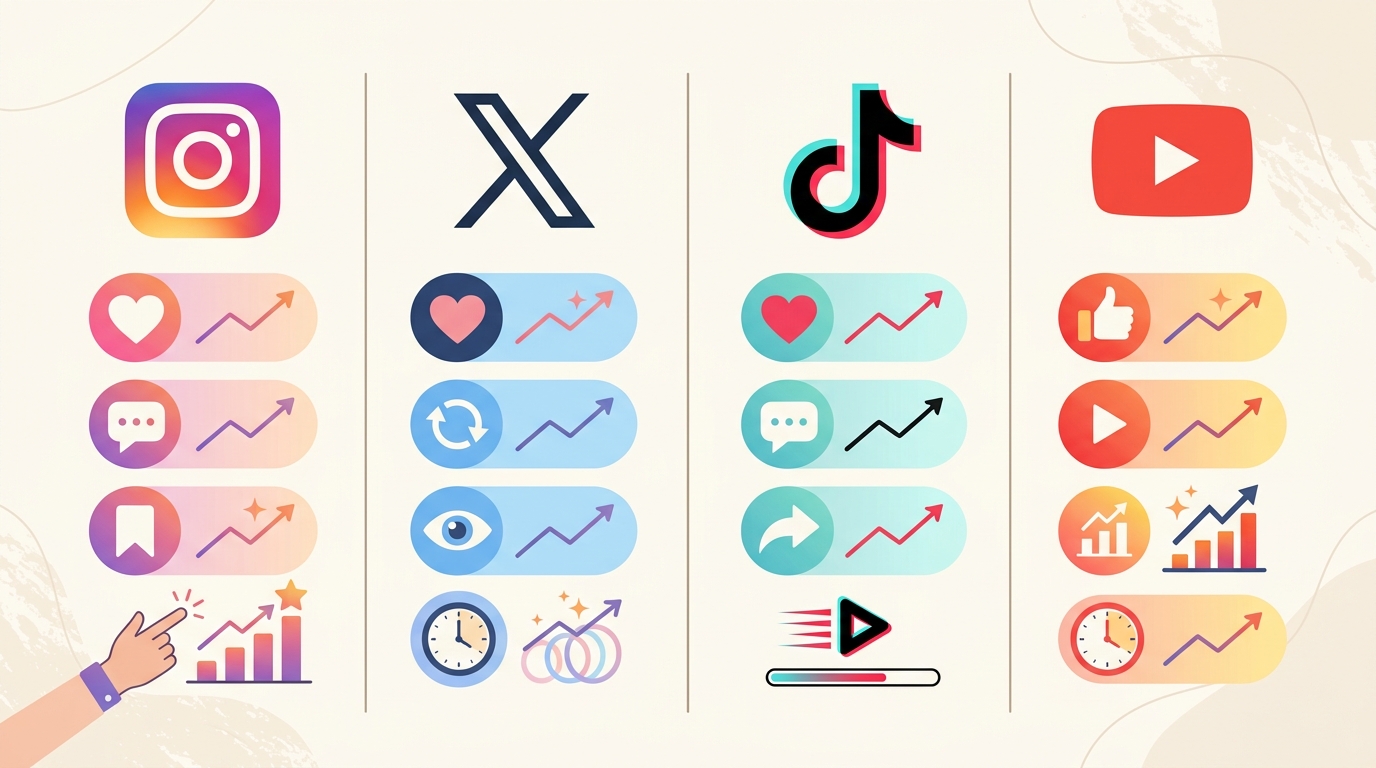 Instagram・X・TikTok・YouTubeのロゴとそれぞれのアルゴリズム重視指標を並べた比較図
