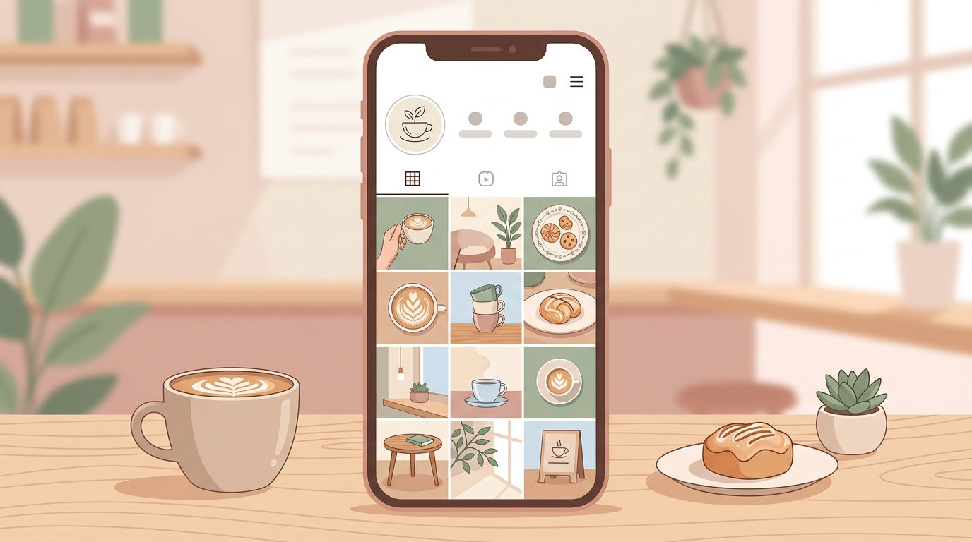 統一された世界観でInstagramグリッドが整ったカフェのプロフィール画面イメージ