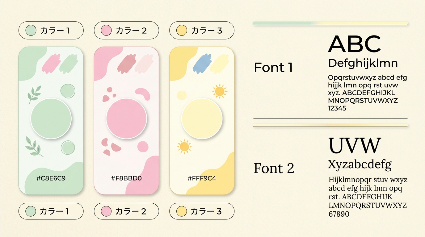 ブランドカラー3色とフォント2種類を決めたムードボードの例