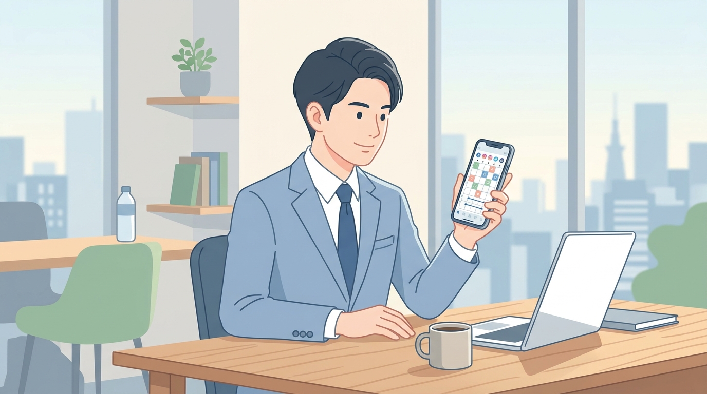 日本のビジネスパーソンがスマートフォンでSNSの投稿スケジュールを確認している様子