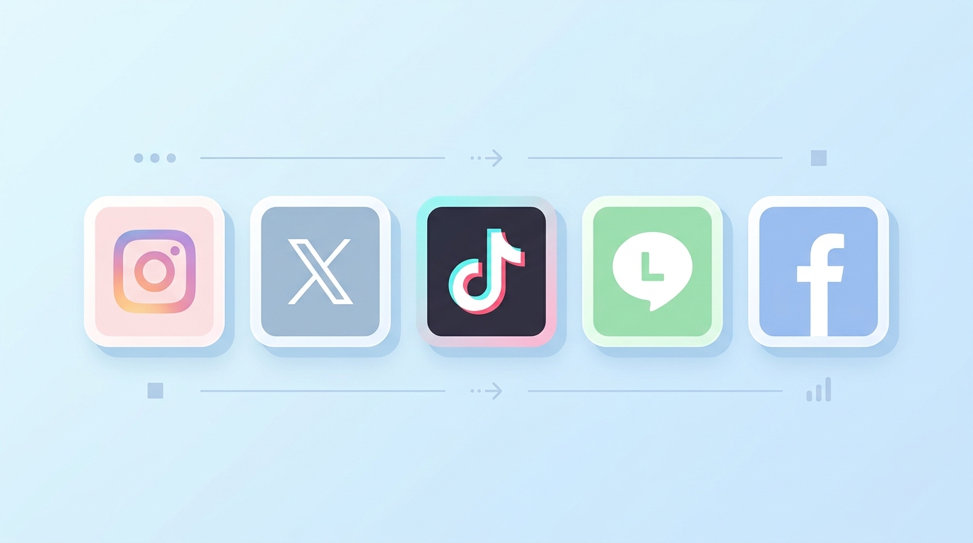 Instagram・X・TikTok・LINE・Facebookのロゴが並んだ媒体別比較のイメージ