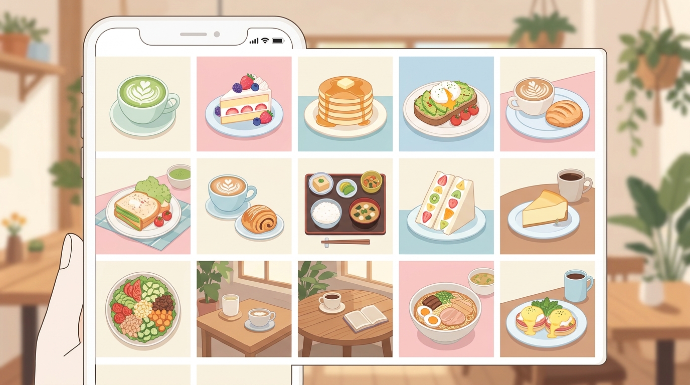 地域密着型カフェのInstagram投稿イメージ（美しい料理写真が並ぶフィード画面）