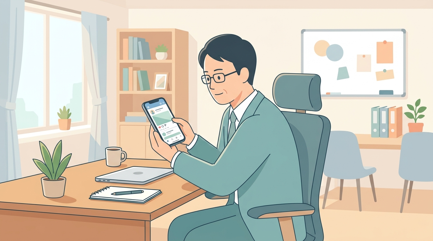マーケティング担当者がいない中小企業のオフィスで、社長がスマートフォンでSNS投稿を確認している様子