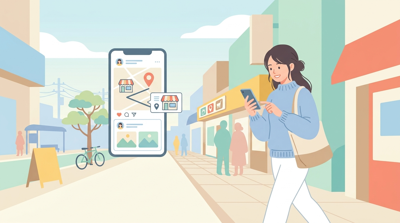スマートフォンでSNSの店舗情報を確認しながら実店舗に向かう日本の消費者のイメージ