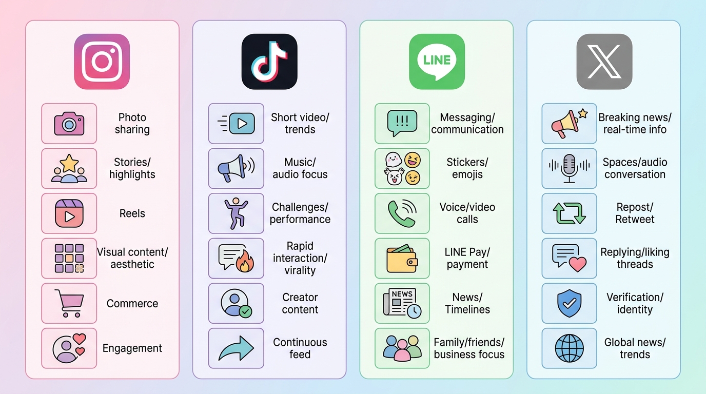 Instagram・TikTok・LINE・Xのアイコンが並び、それぞれの特徴が書かれた比較図