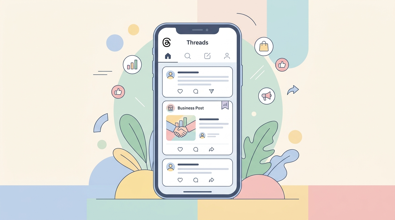 Threadsアプリのホーム画面とビジネス投稿のイメージ図
