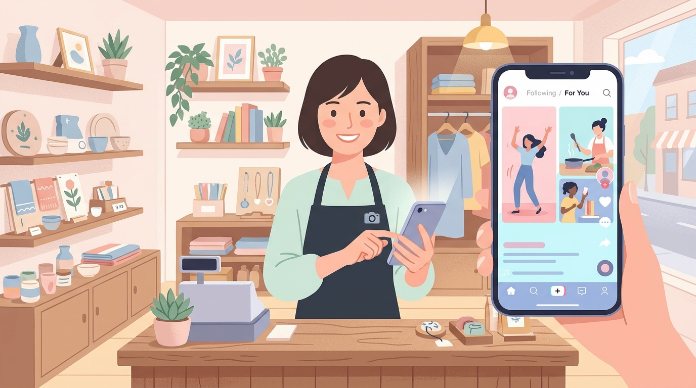 TikTokアプリを操作する中小企業の店舗オーナーのイメージ