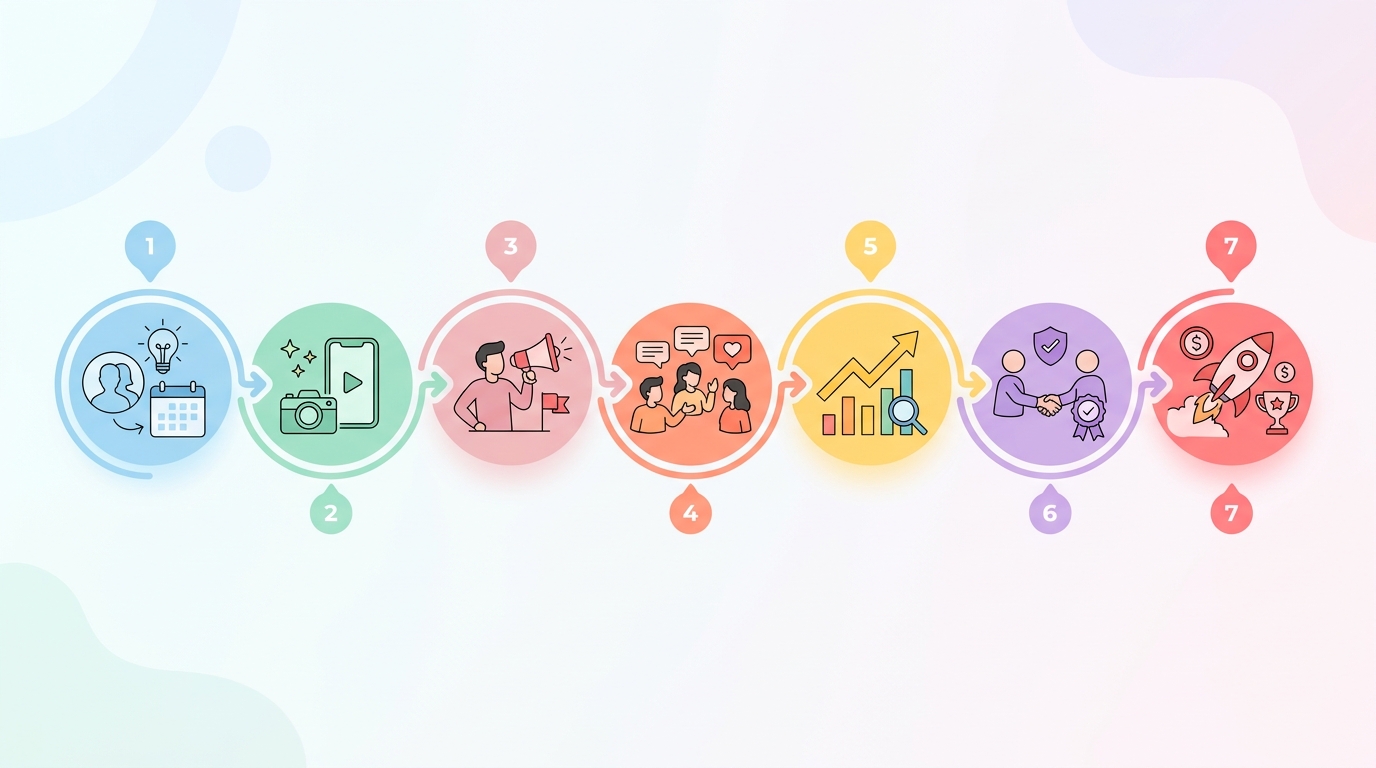 TikTokマーケティング7ステップのフロー図