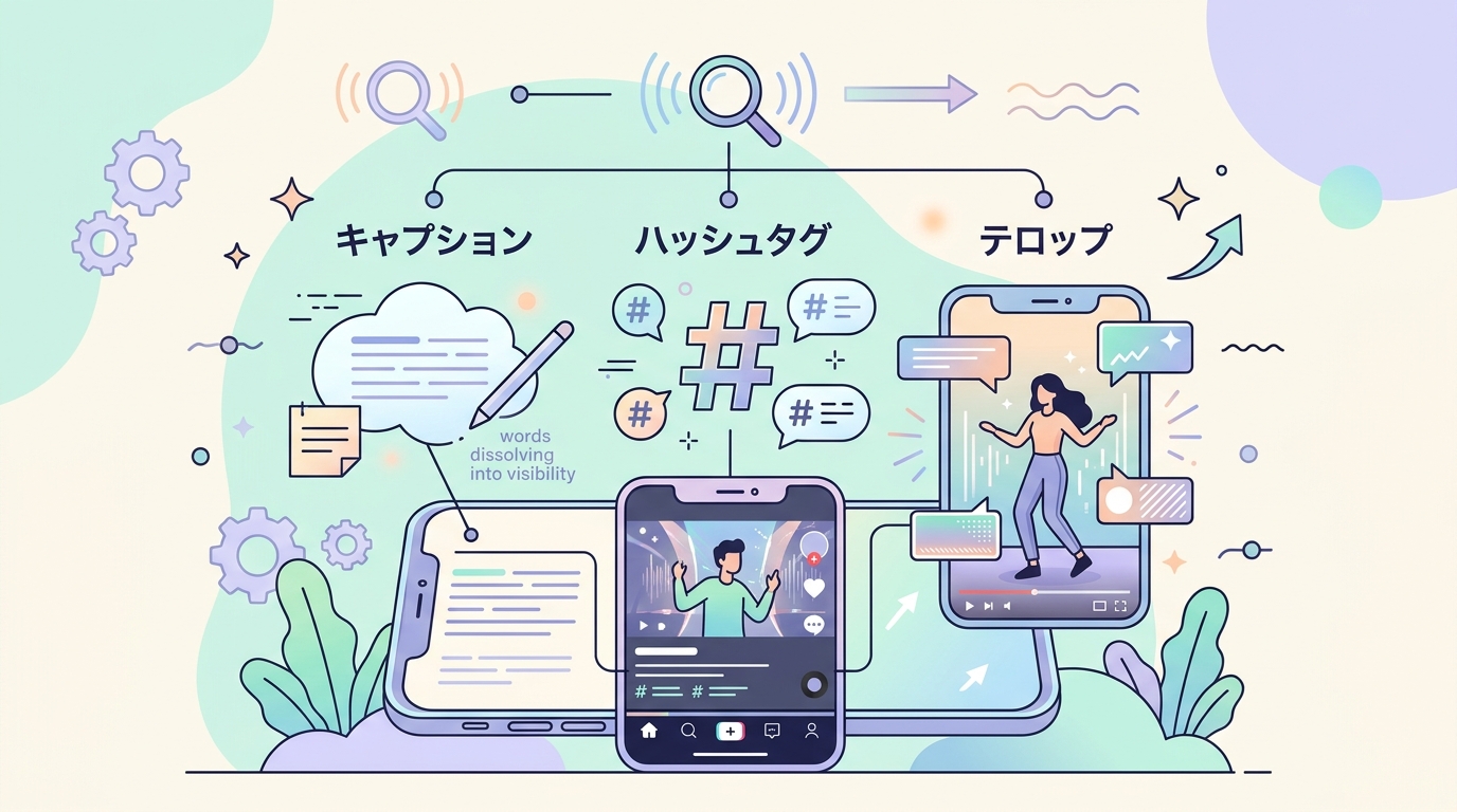 TikTok SEOの3要素（キャプション・ハッシュタグ・テロップ）を図解したイラスト