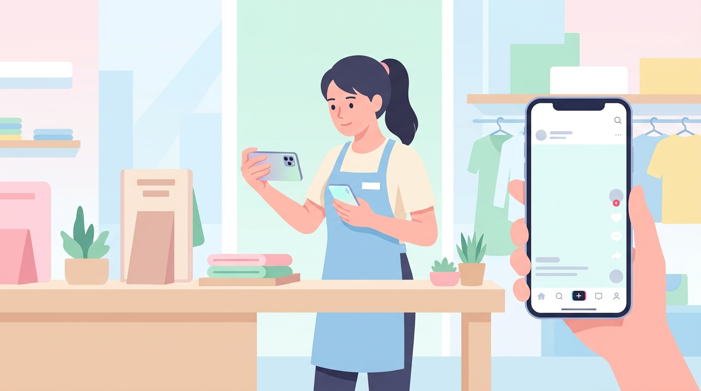 TikTokアプリの画面を見ながらスマホで動画を撮影する店舗スタッフのイメージ