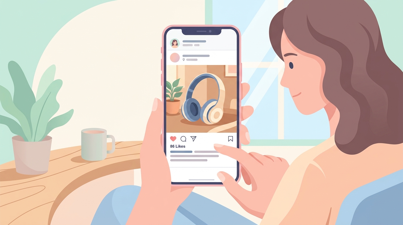 スマートフォンでInstagramの一般ユーザーの商品レビュー投稿を閲覧している様子