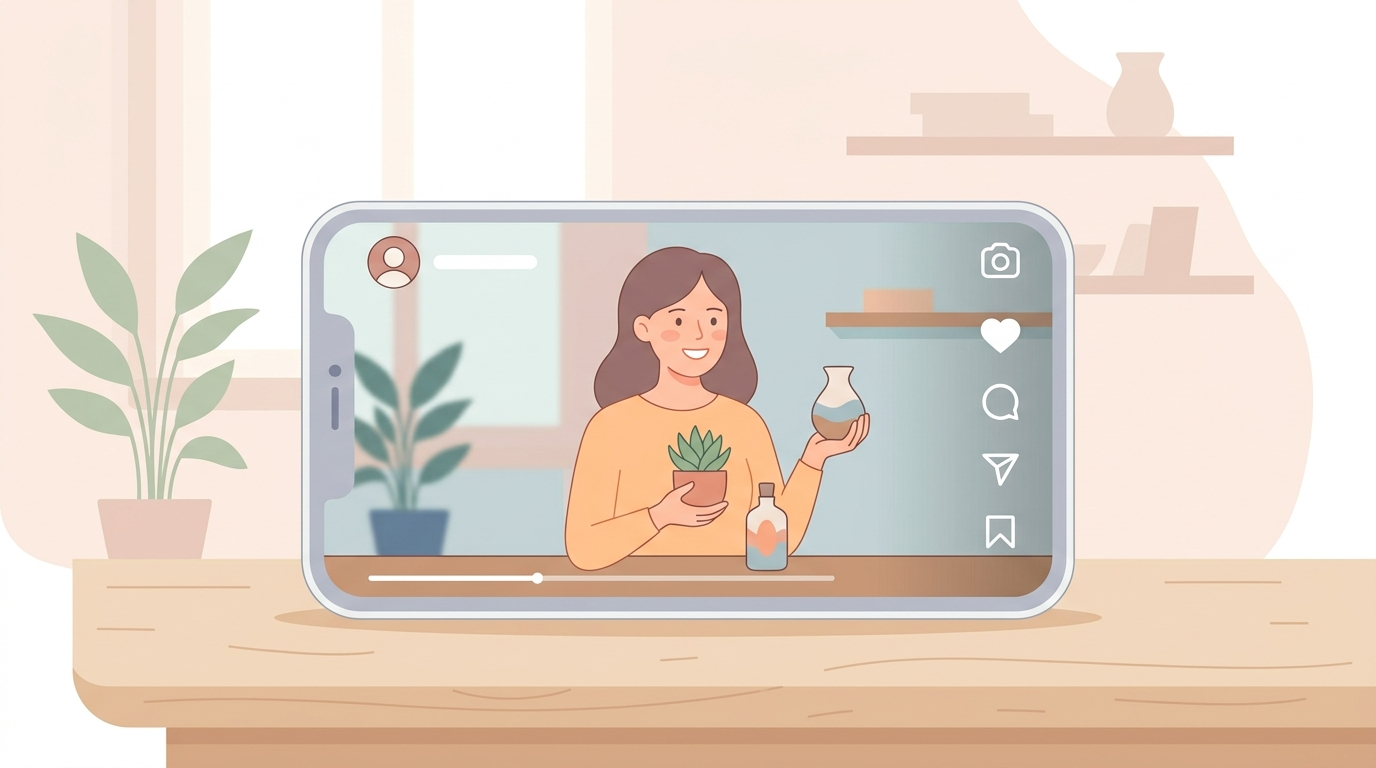 スマートフォンに表示されたInstagramのリール動画でユーザーが商品を紹介している画面