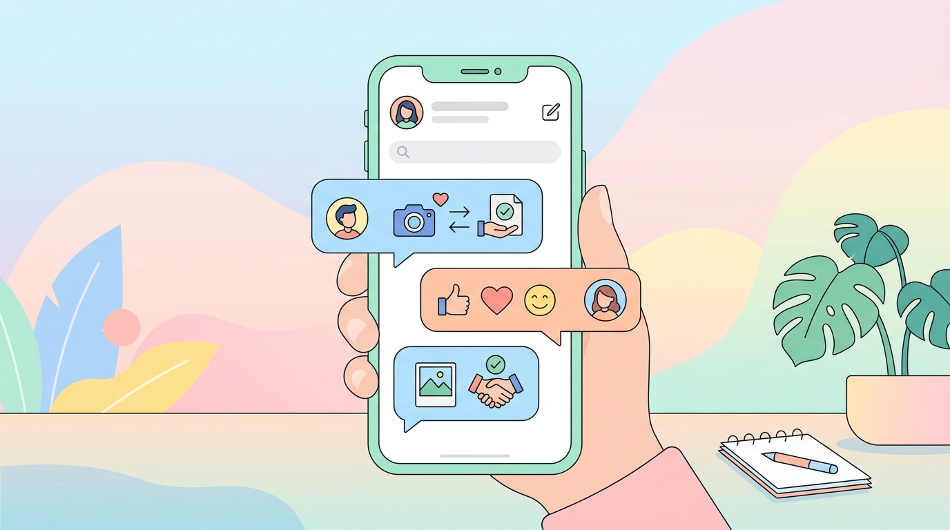 スマートフォンの画面にUGC投稿の許諾を求めるDMのやり取りが表示されている様子