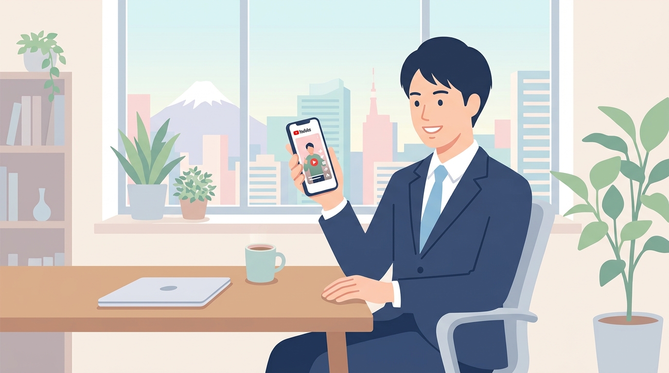 スマートフォンでYouTubeショートを視聴している日本のビジネスパーソンのイメージ