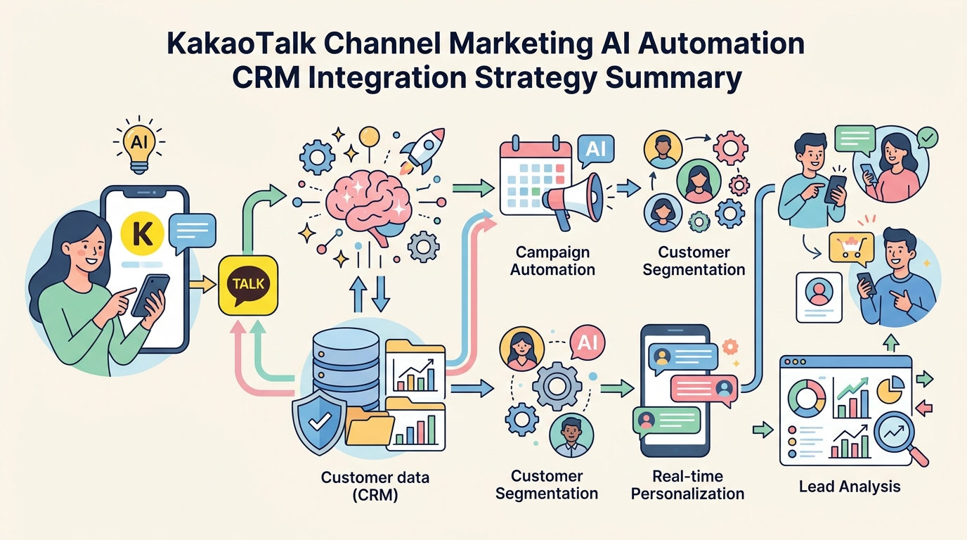 카카오톡 채널 마케팅 AI 자동화 CRM 통합 전략 요약 인포그래픽