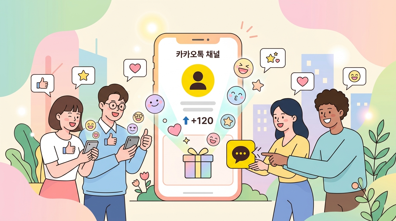 카카오톡 채널 친구 늘리기 위한 이모티콘 프로모션 사례 화면