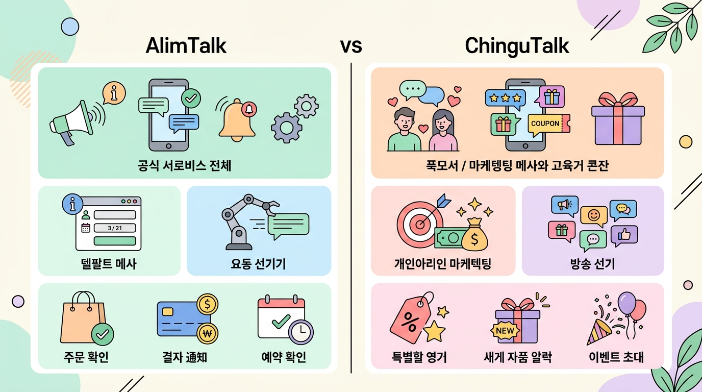 카카오톡 채널 알림톡과 친구톡 비교 표 설명 이미지
