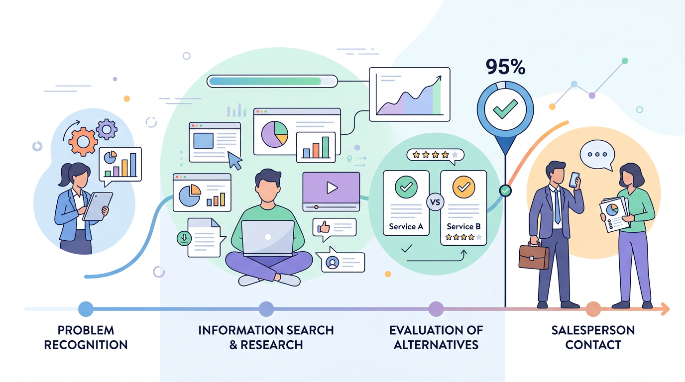 B2B 구매 여정에서 95%의 잠재 고객이 영업 접촉 전 리서치를 완료하는 과정을 보여주는 인포그래픽