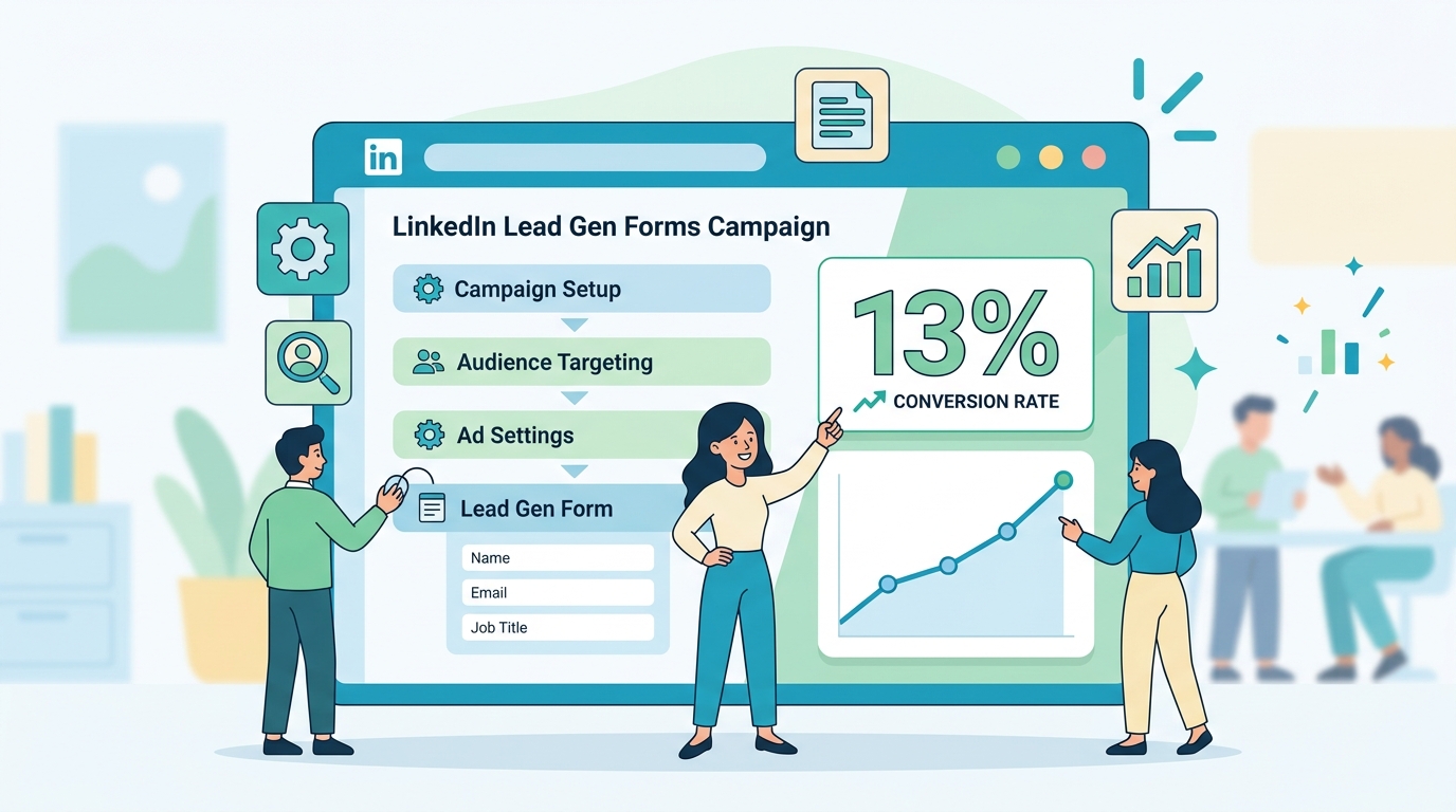 링크드인 리드 생성 폼 광고를 통해 전환율 13%를 달성하는 캠페인 설정 화면
