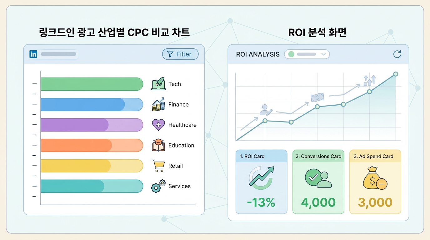 링크드인 광고 산업별 CPC 비교 차트와 ROI 분석 화면