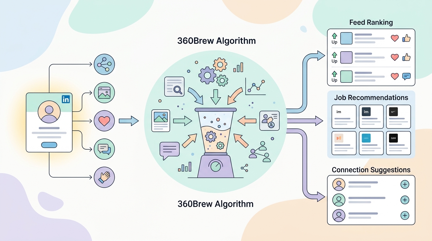 링크드인 360Brew 알고리즘 작동 원리를 설명하는 인포그래픽