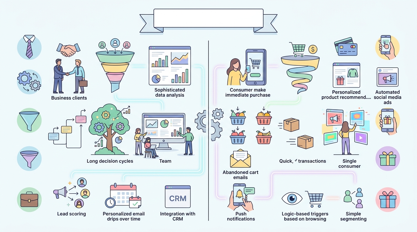 B2B와 B2C 마케팅 자동화 전략 차이점 비교 인포그래픽