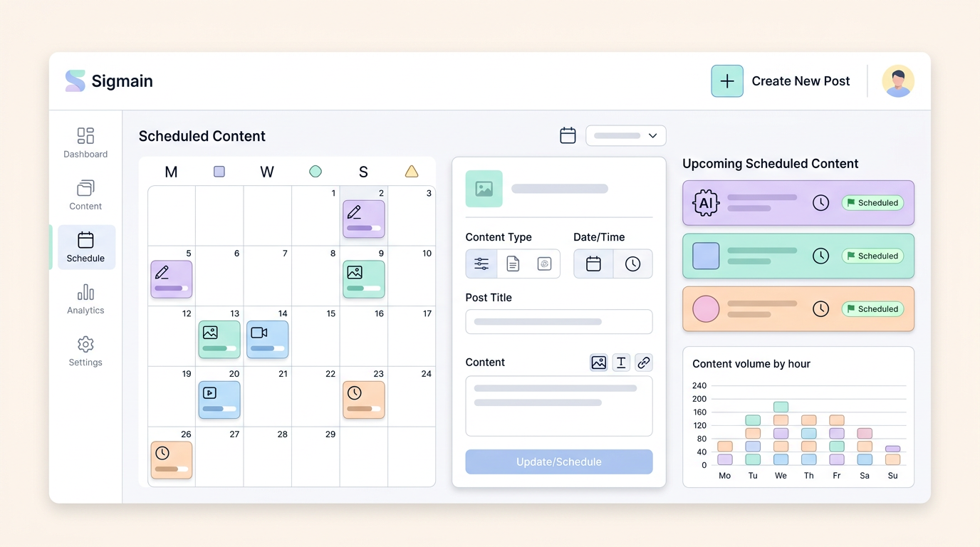 시그마인 플랫폼에서 AI 콘텐츠를 예약 발행하는 대시보드 화면