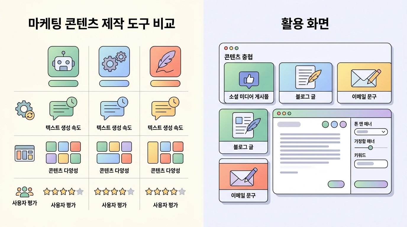 ChatGPT 마케팅 콘텐츠 제작 도구 비교표와 활용 화면