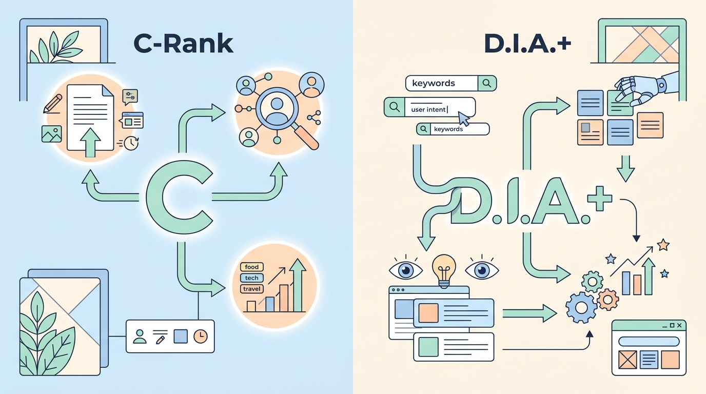 네이버 C-Rank와 D.I.A.+ 알고리즘 구조를 설명하는 인포그래픽