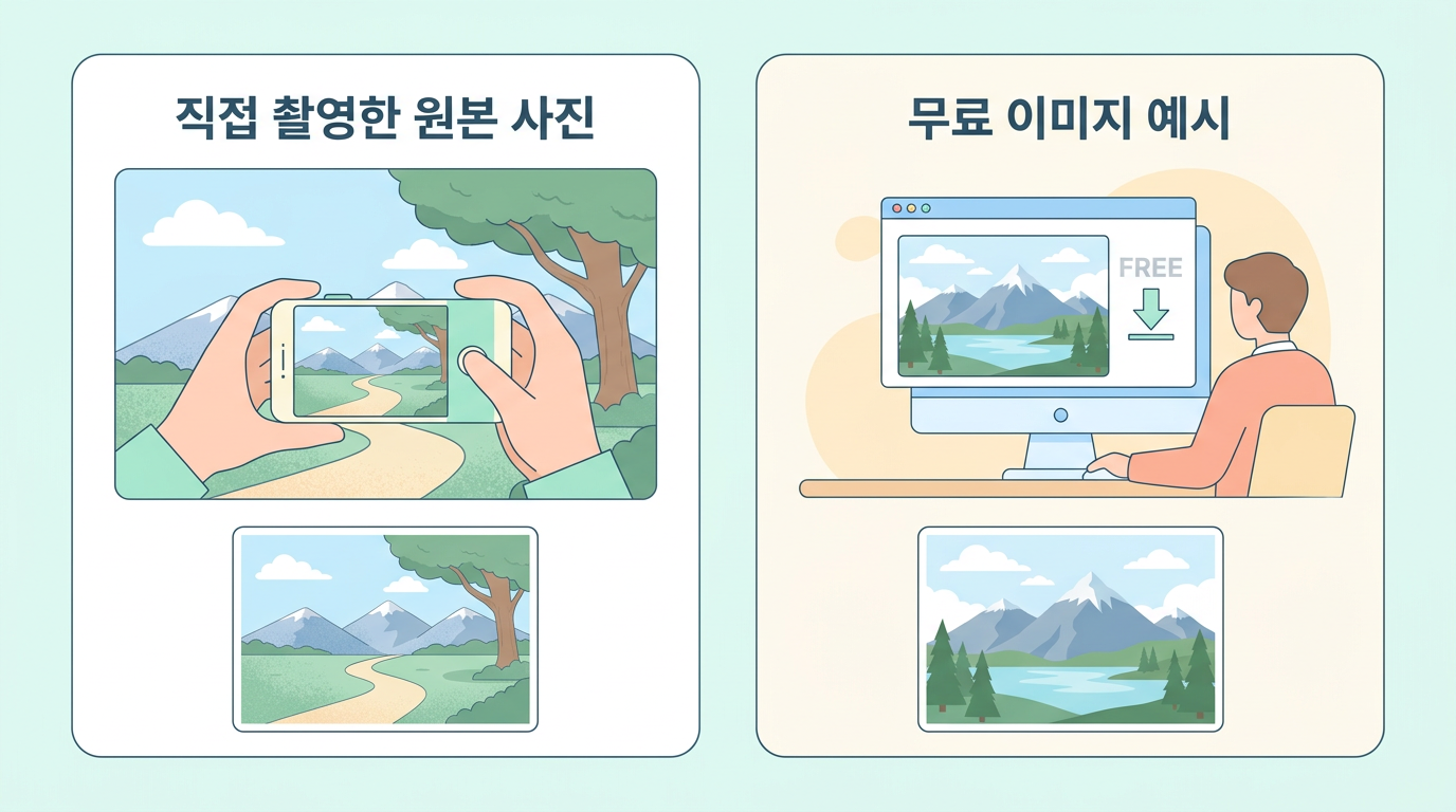 직접 촬영한 원본 사진과 무료 이미지 비교 예시